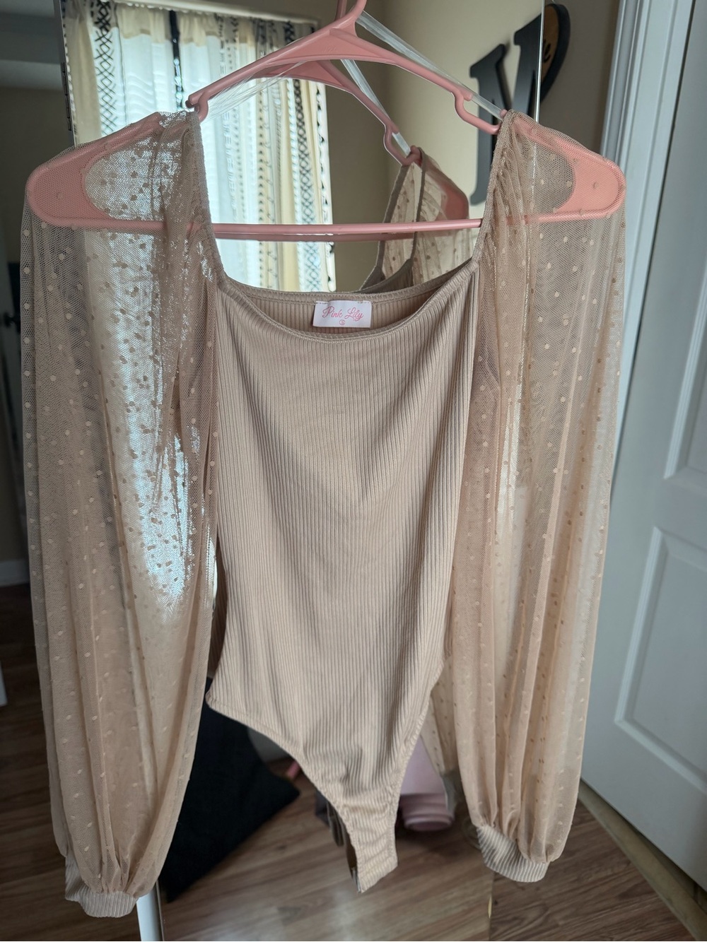 Pink Lily Nude Sheer-Dot Sleeve Ribbed Bodysuit